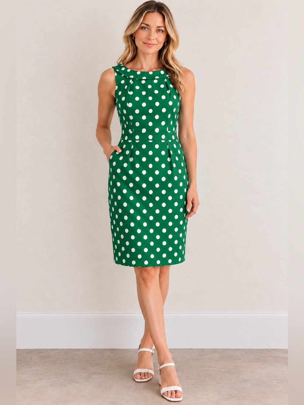 Boden Martha Green & White Polka Dot Sleeveless Dress